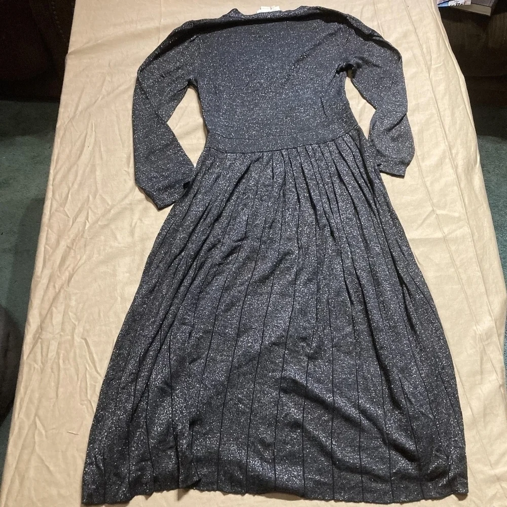Kate Spade New York Faux Wrap Dress Grey Metallic Silver Knit Pleated V Neck XS